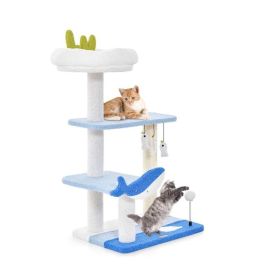 Indoor Cat Tower with Sisal Covered Scratching Posts (Color: Blue & White, Type: Pet entertainment)